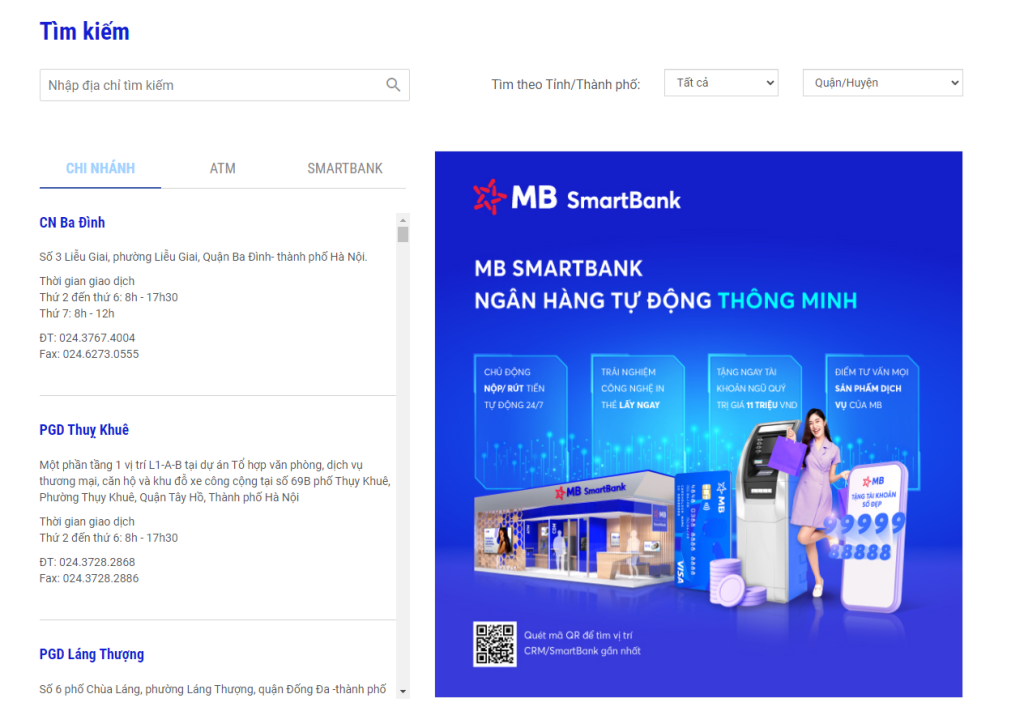 tra cứu thông tin liên hệ chi nhánh MBBank trên Website